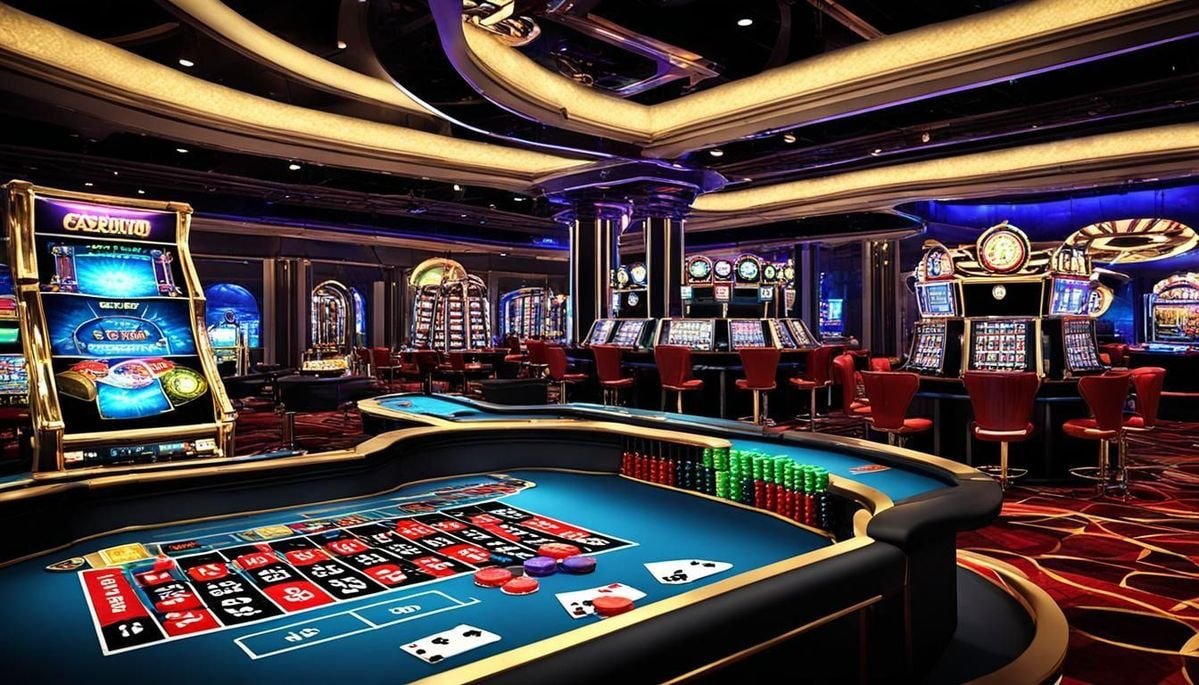 Layar aplikasi warkoptoto menampilkan countdown Market Closing Time dengan meja live casino di latar belakang